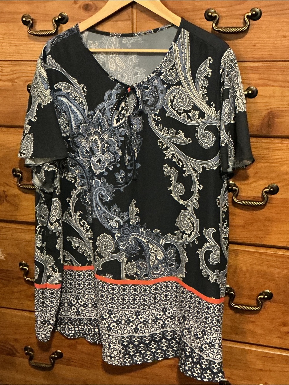 Christopher & Banks Black Paisley Tie-Neck Top with Navy & White Border